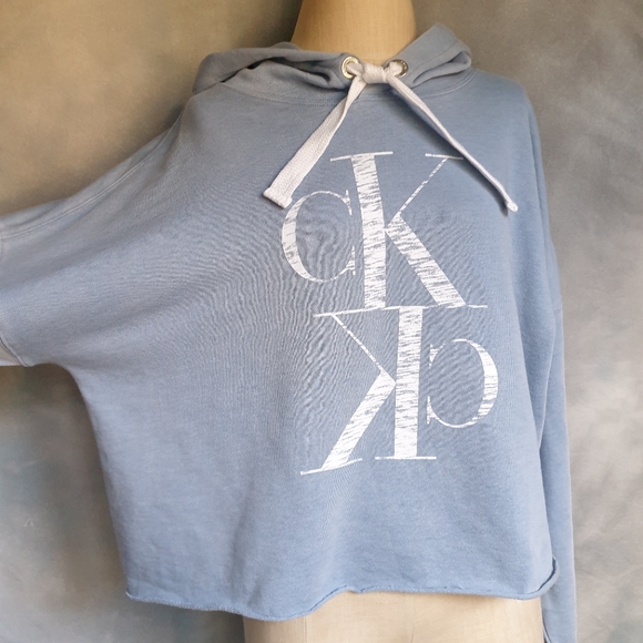 Calvin Klein Jeans Baby Blue Raw Hem Distressed Logo Comfy Hoodie  Sweatshirt MD - Picture 15 of 15